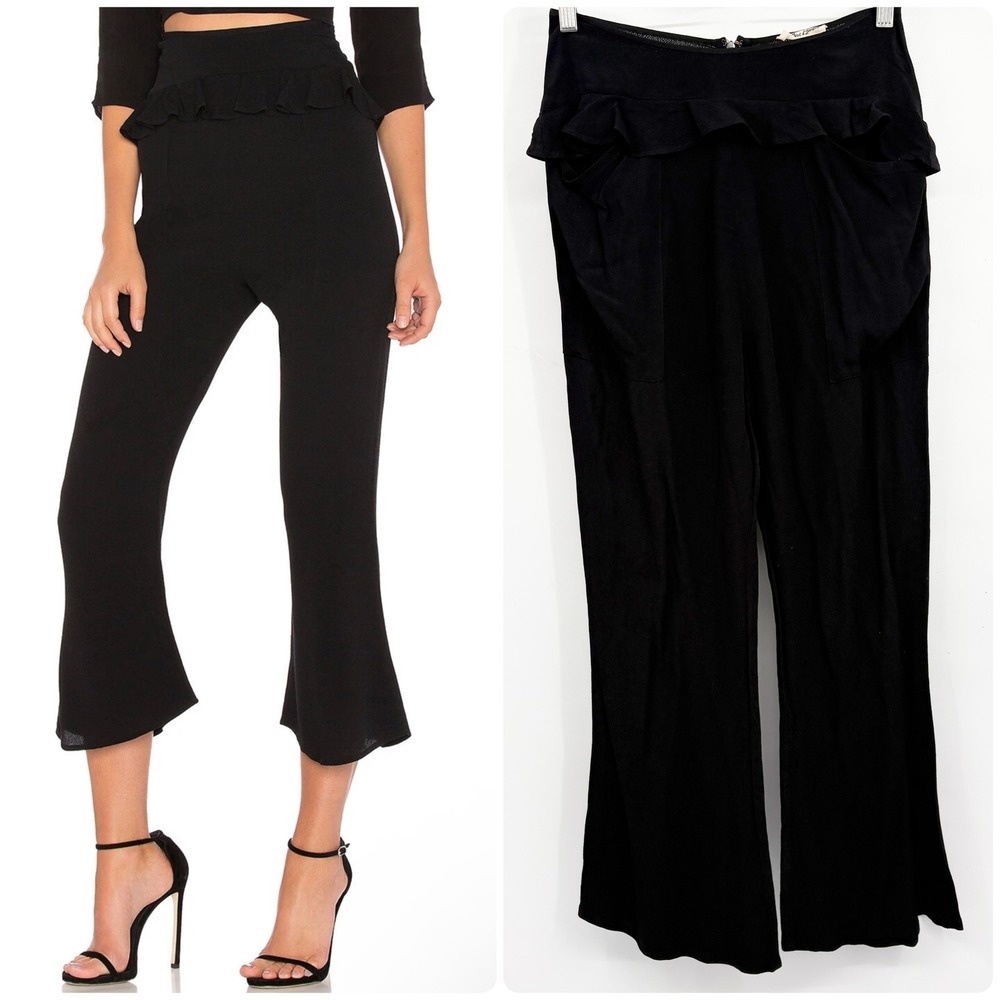 For Love & Lemons Womens Black Poppy Ruffle Peplum Cropped Flare Trouser Pants S
